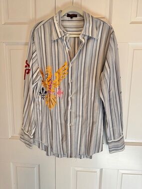 Raw 7 Embroidered Striped Button Down Shirt Men's Medium Raw Hem Y2K